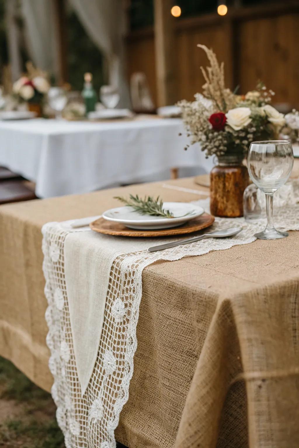 Layered textures with a cheesecloth and burlap combination.