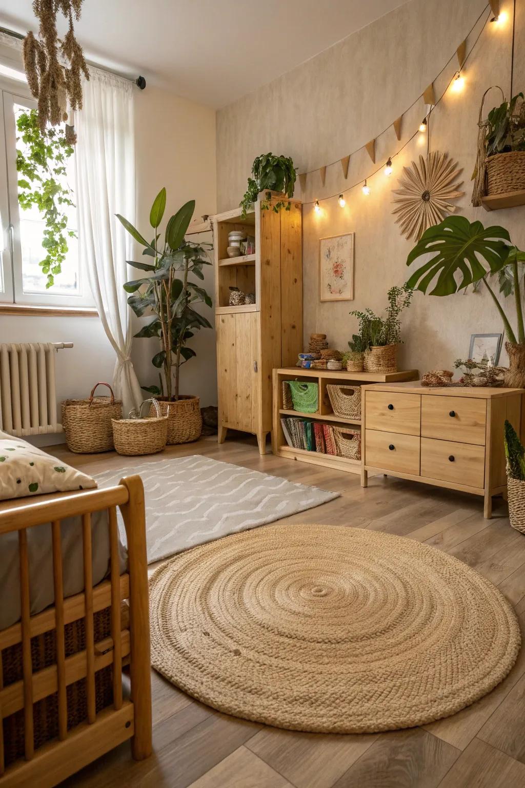 An eco-friendly children's room carpet, made from natural fibers.