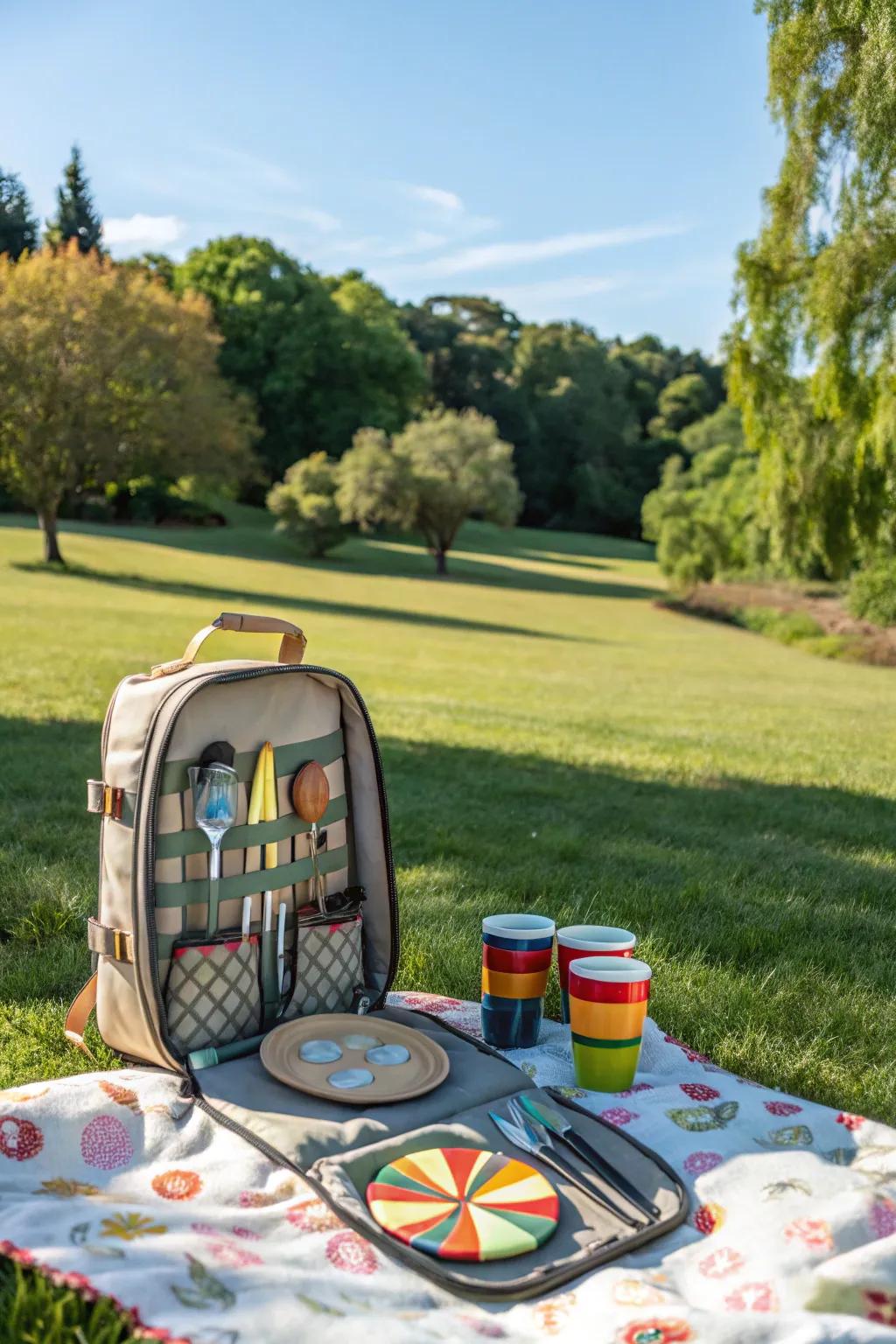 A picnic backpack with utensils and a blanket.