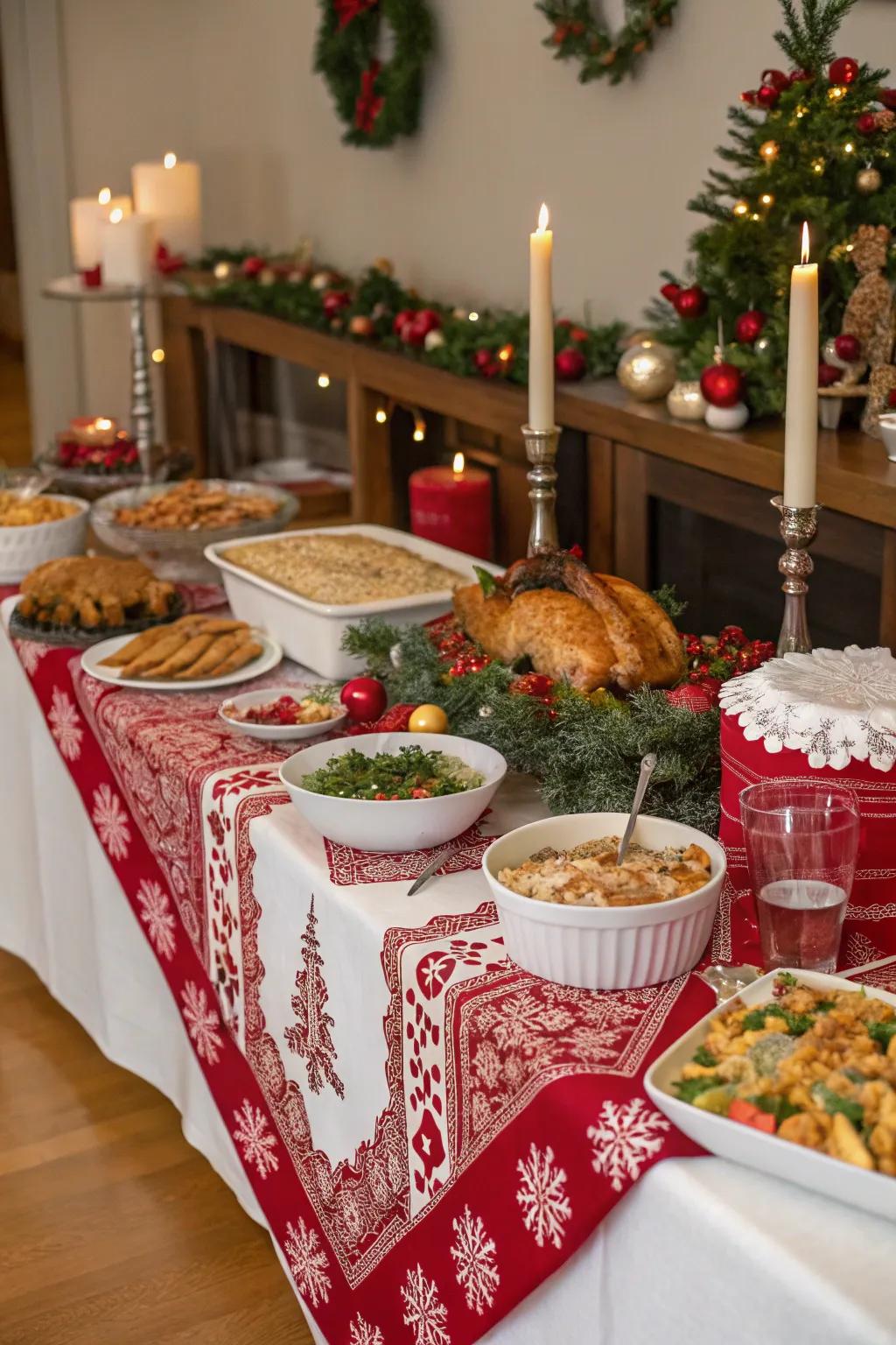 Holiday-themed linens add a festive touch to your buffet table.