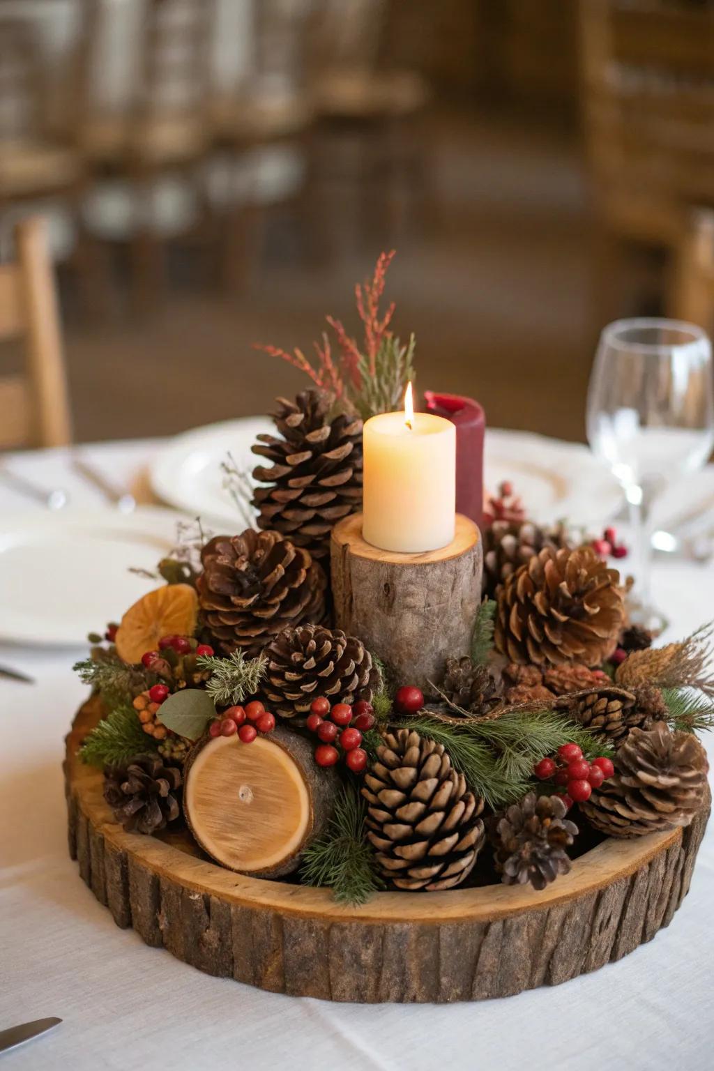 A natural centerpiece with pinecones and wooden accents for rustic charm.