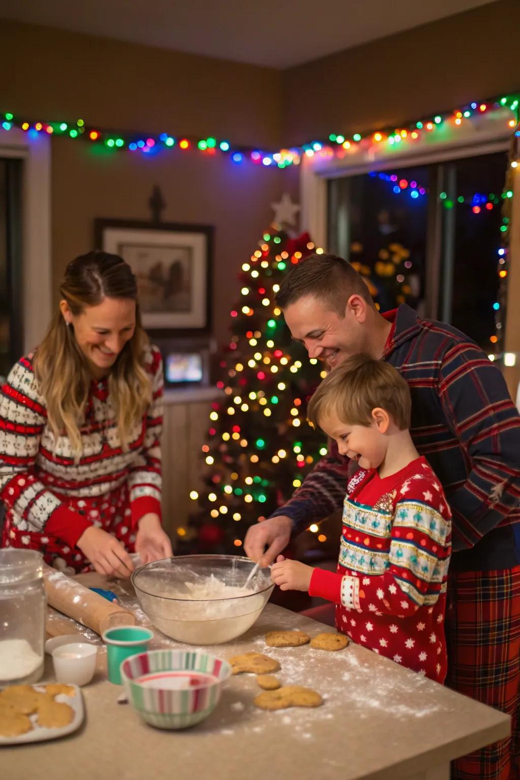 A family baking cookies together, capturing the fun and mess of holiday preparations.