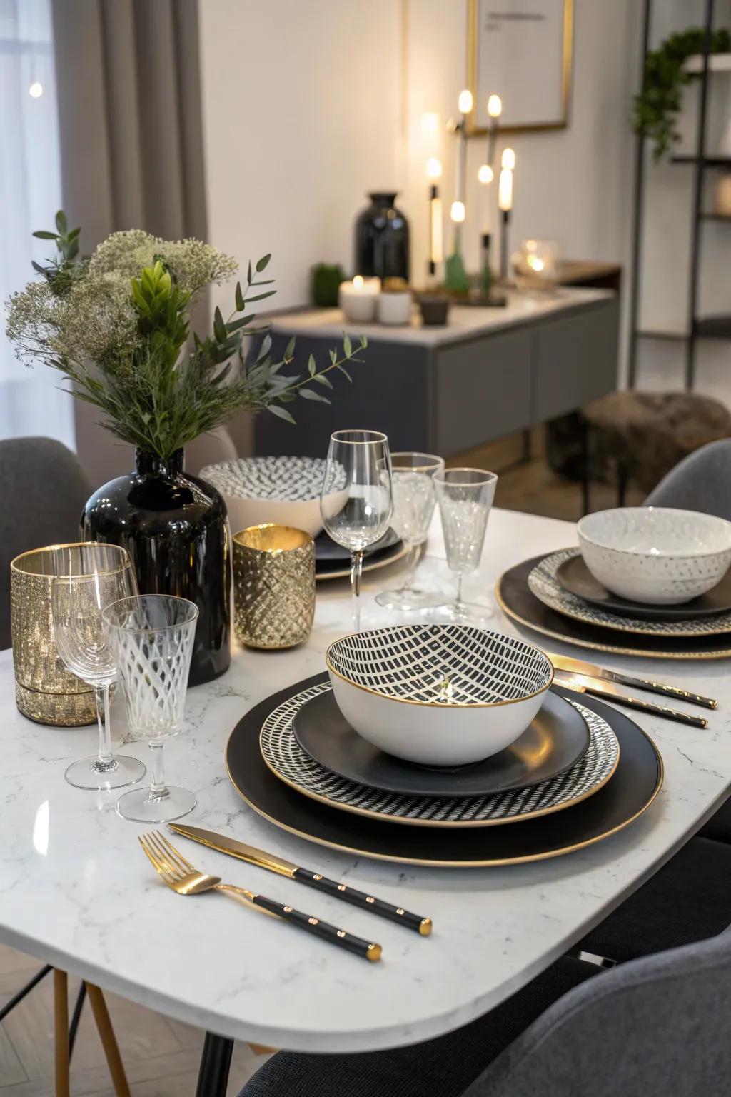 A chic monochrome table setting with modern flair.