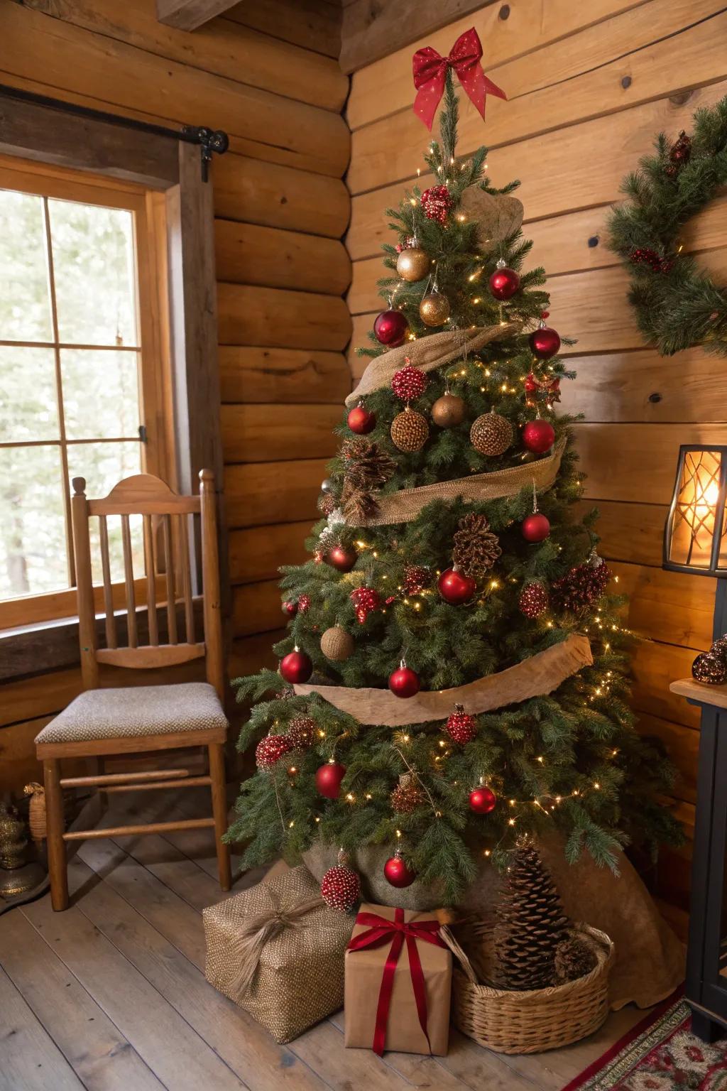 Capture rustic charm with a red and brown themed Christmas tree.