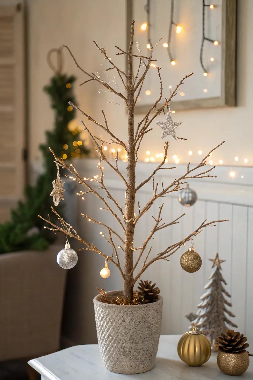 A natural twig tree adorned with ornaments brings a touch of the outdoors inside.