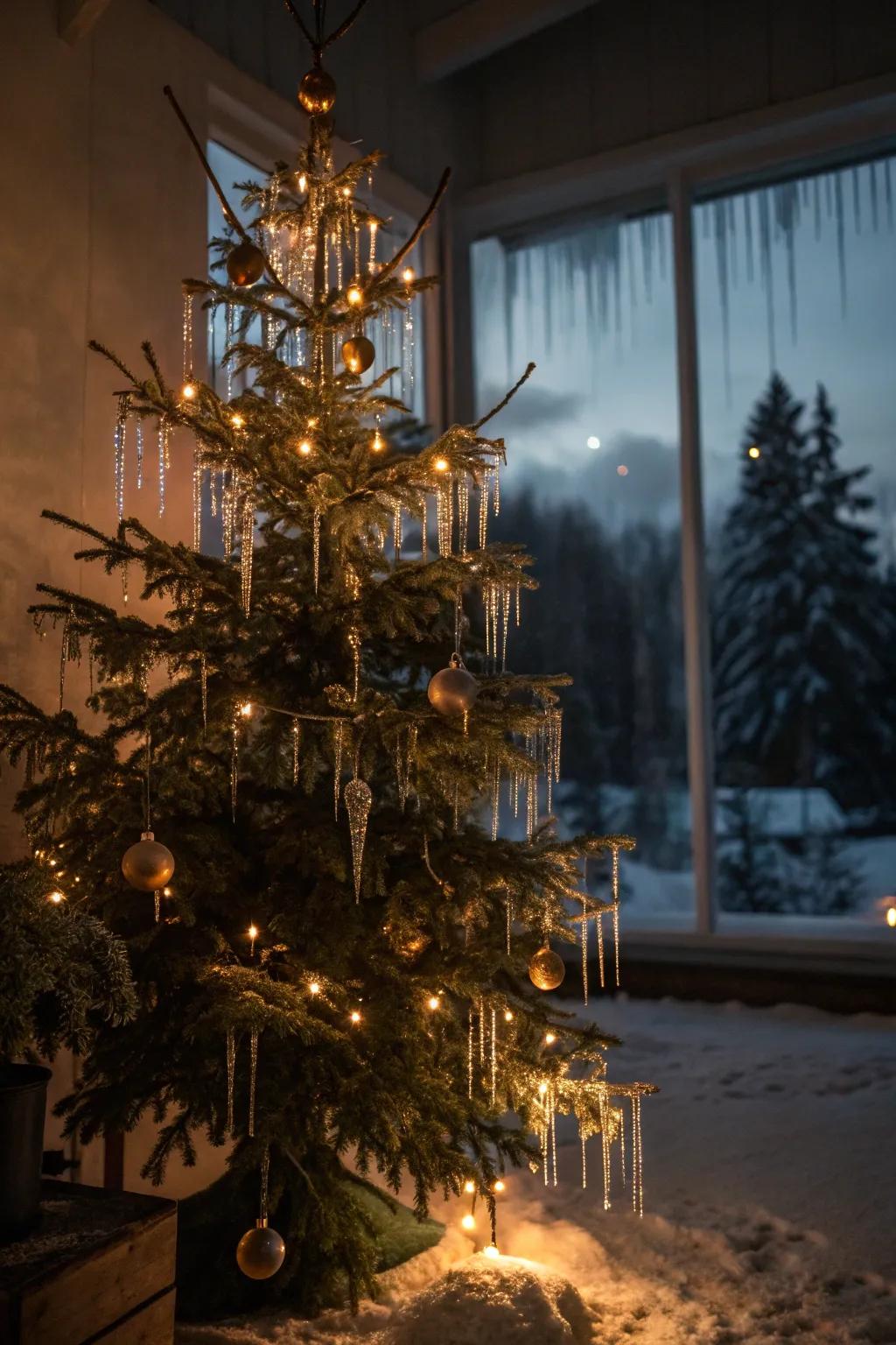 Icicle lights creating a cascading effect on a Christmas tree.