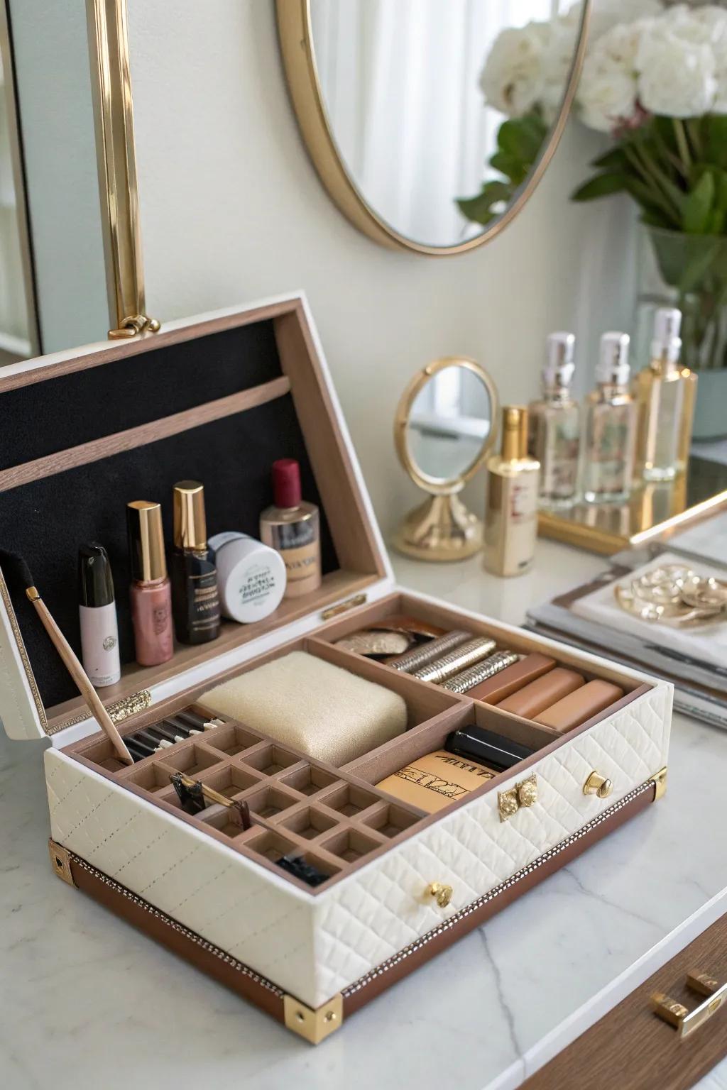 A chic makeup organizer crafted from a cigar box keeps your beauty essentials in order.