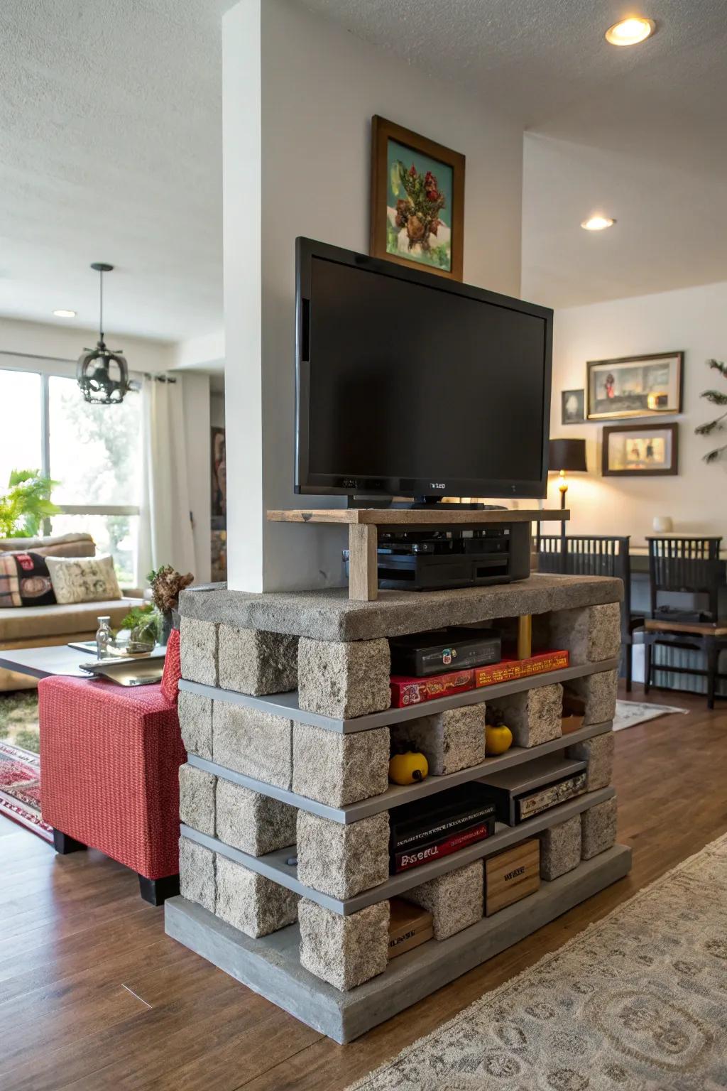 A layered cinder block TV stand creates a dynamic focal point in this living room.