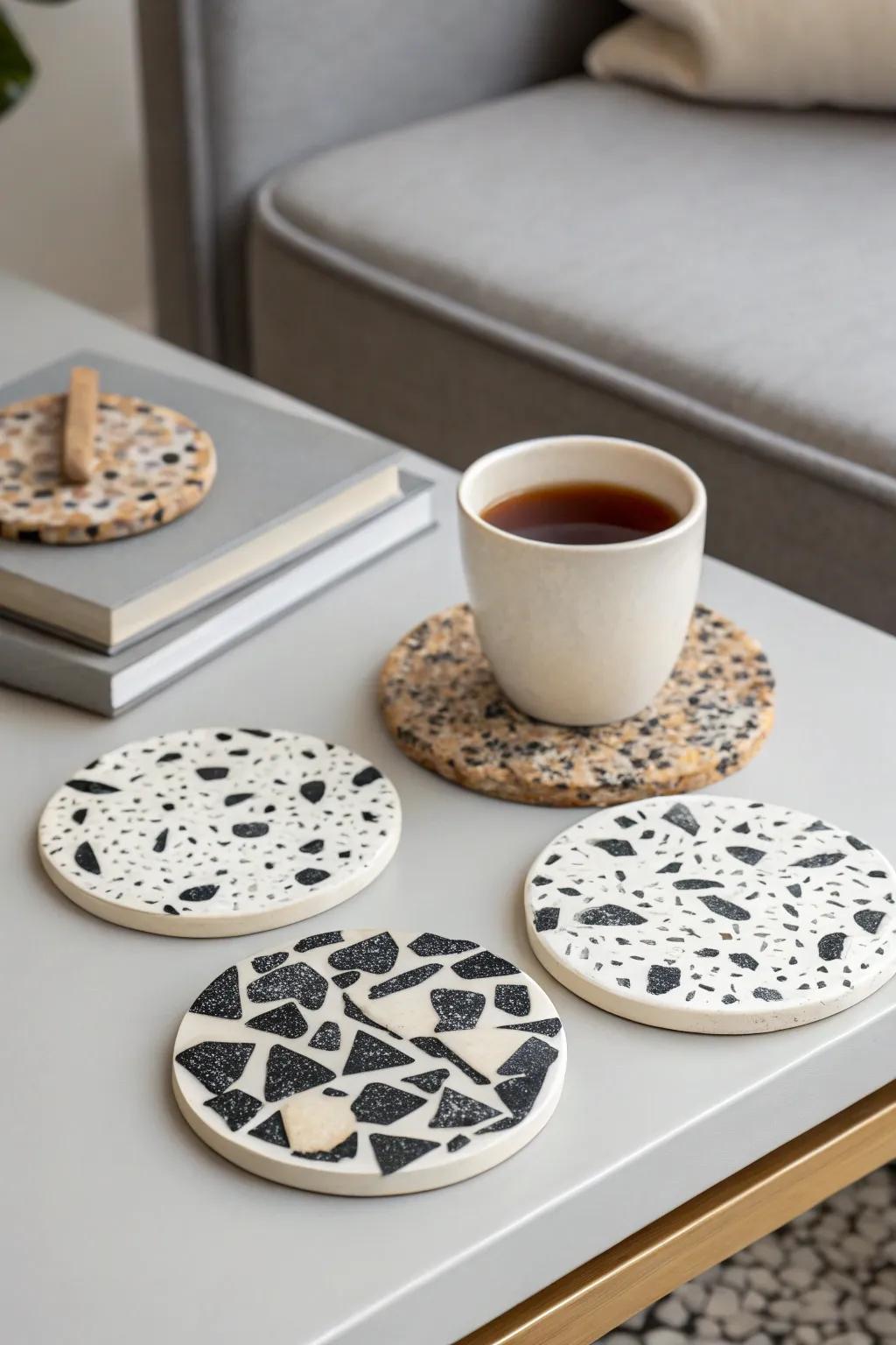 Terrazzo inspired coasters offer a chic and timeless design.