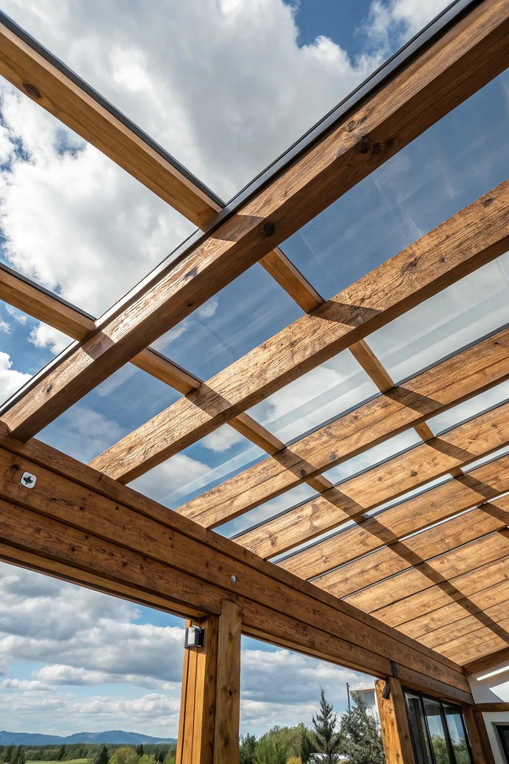 Rustic meets modern: A perfect blend of clear roofing and wooden beams.
