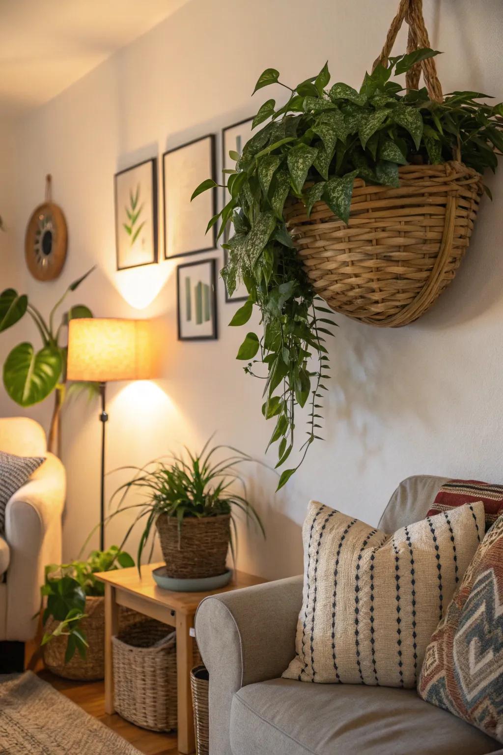 Wall-mounted baskets bring texture to plant displays.