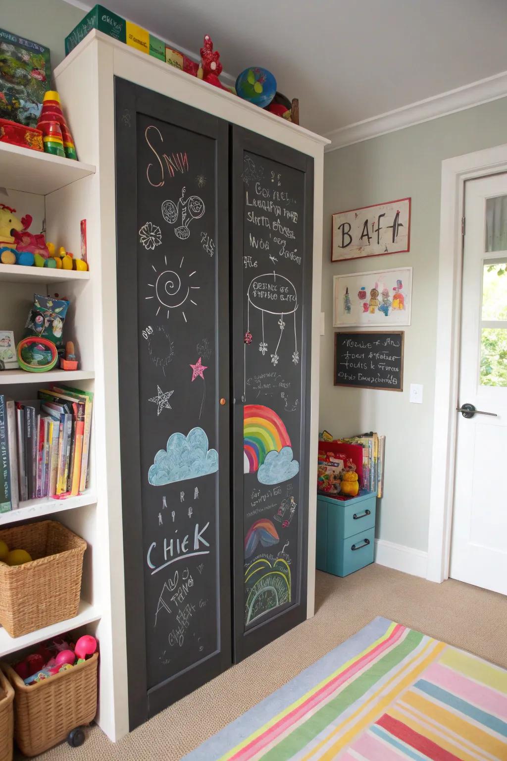 Chalkboard doors offer a creative and interactive element.