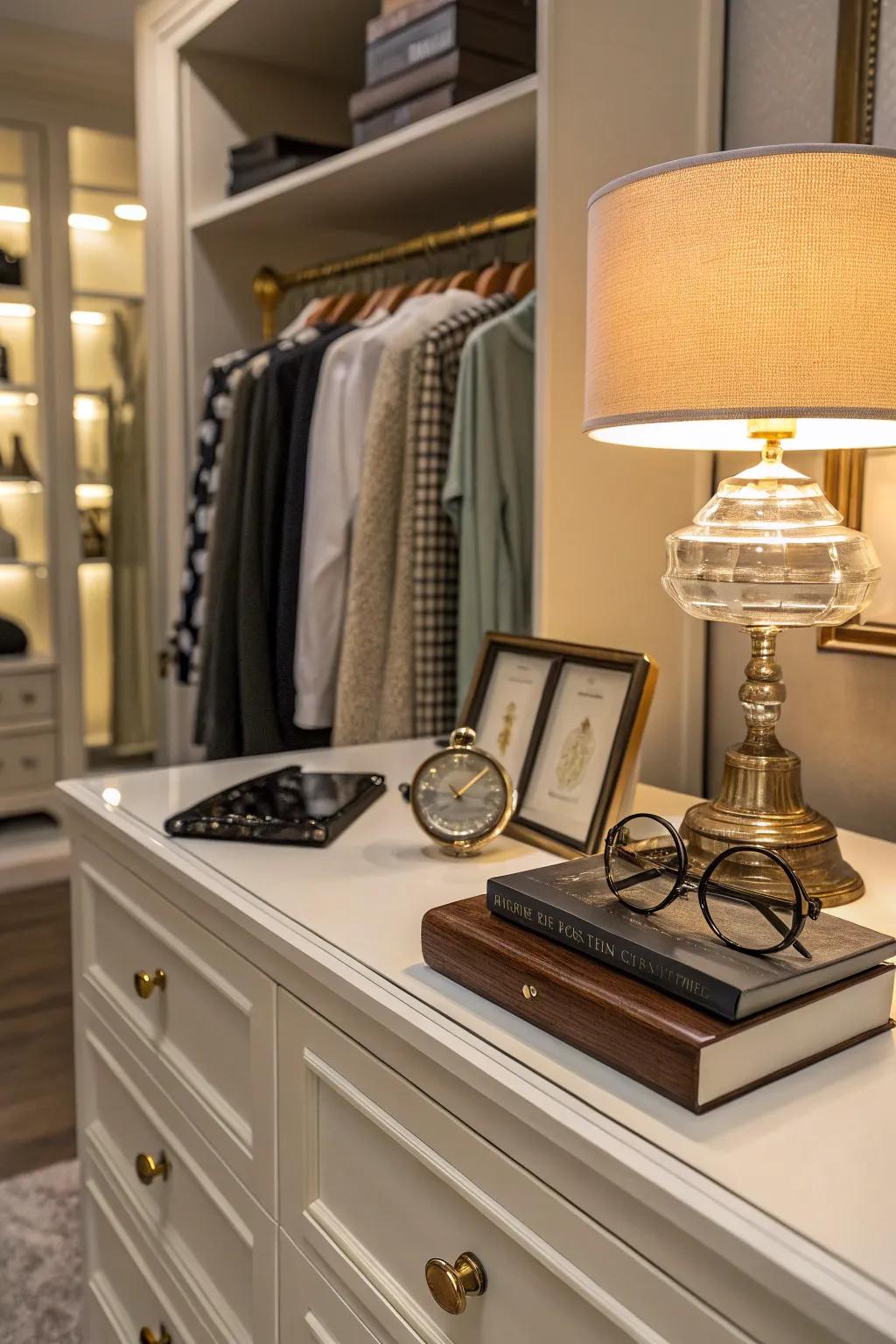 An elegant dresser top display, infusing personality into a closet.