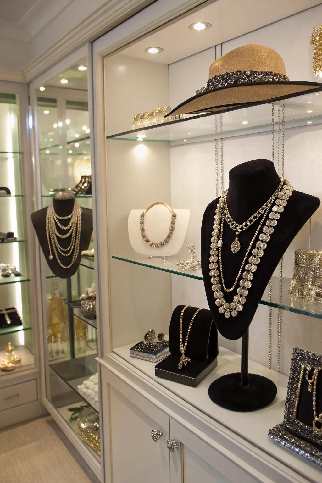 A closet with boutique-style displays for jewelry and accessories.