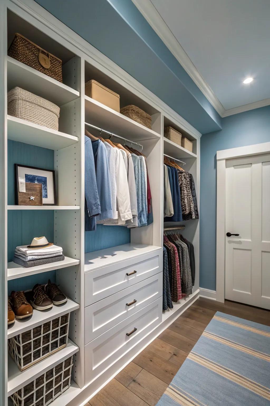 Cool blues create a serene and calming closet atmosphere.