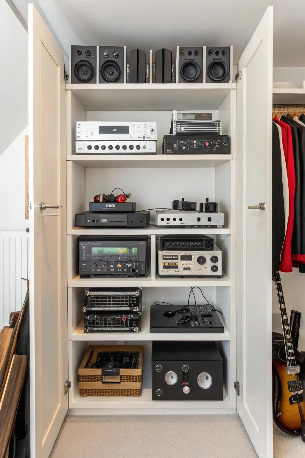 Use shelves to keep your closet studio organized and equipment accessible.