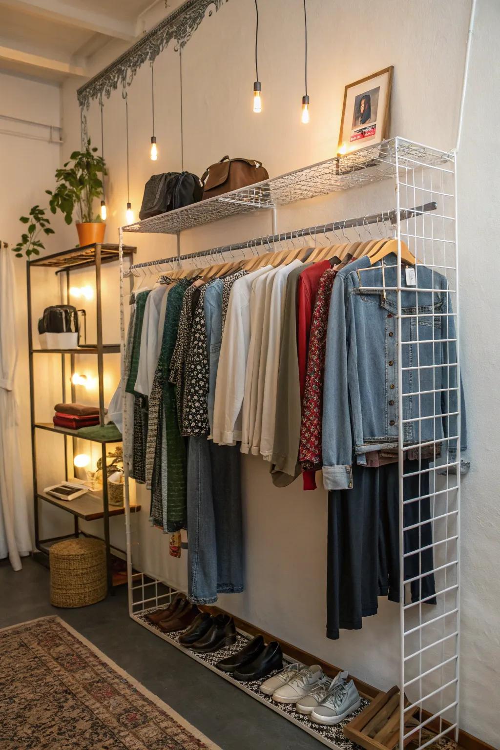 Floating wire shelves creating an efficient makeshift closet.