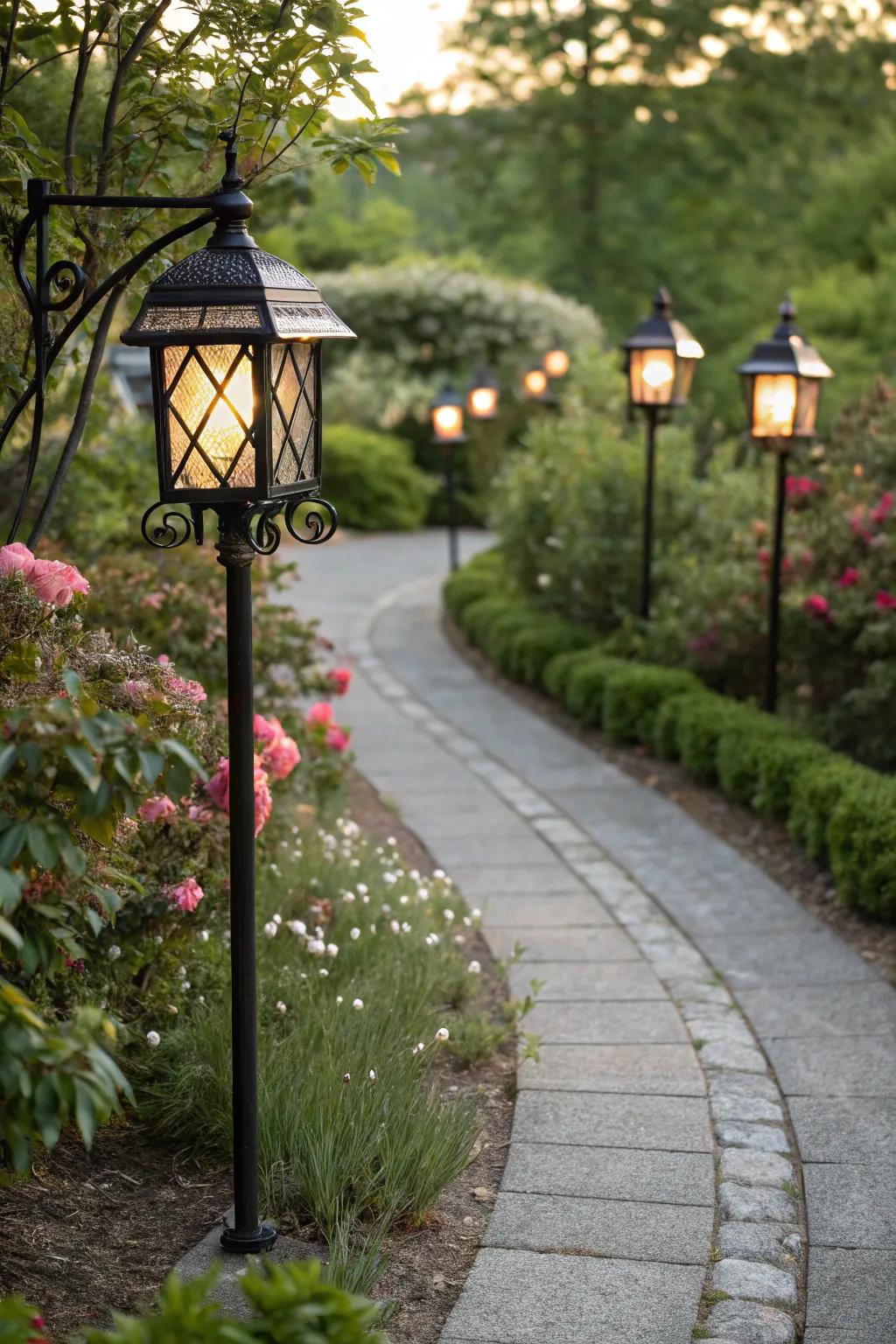 Lantern style lights create a magical evening glow outdoors.