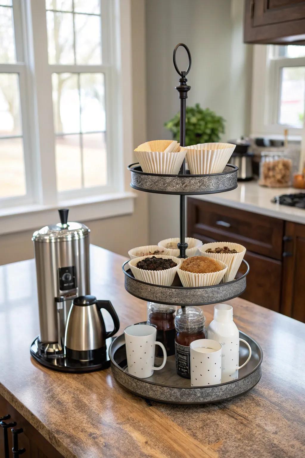 Tiered trays add elegance and functionality to storage.