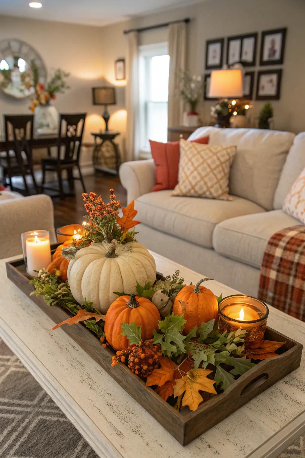 Seasonal decor brings a festive touch to the coffee table.