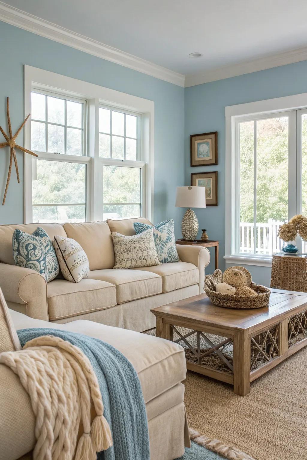 A serene living area with coastal blue tones.