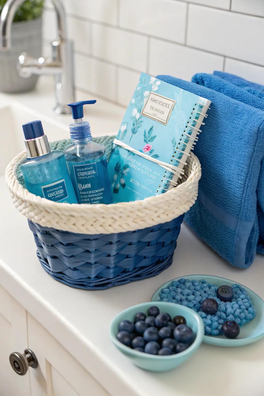 Bring serenity with a cool blue-themed gift basket.