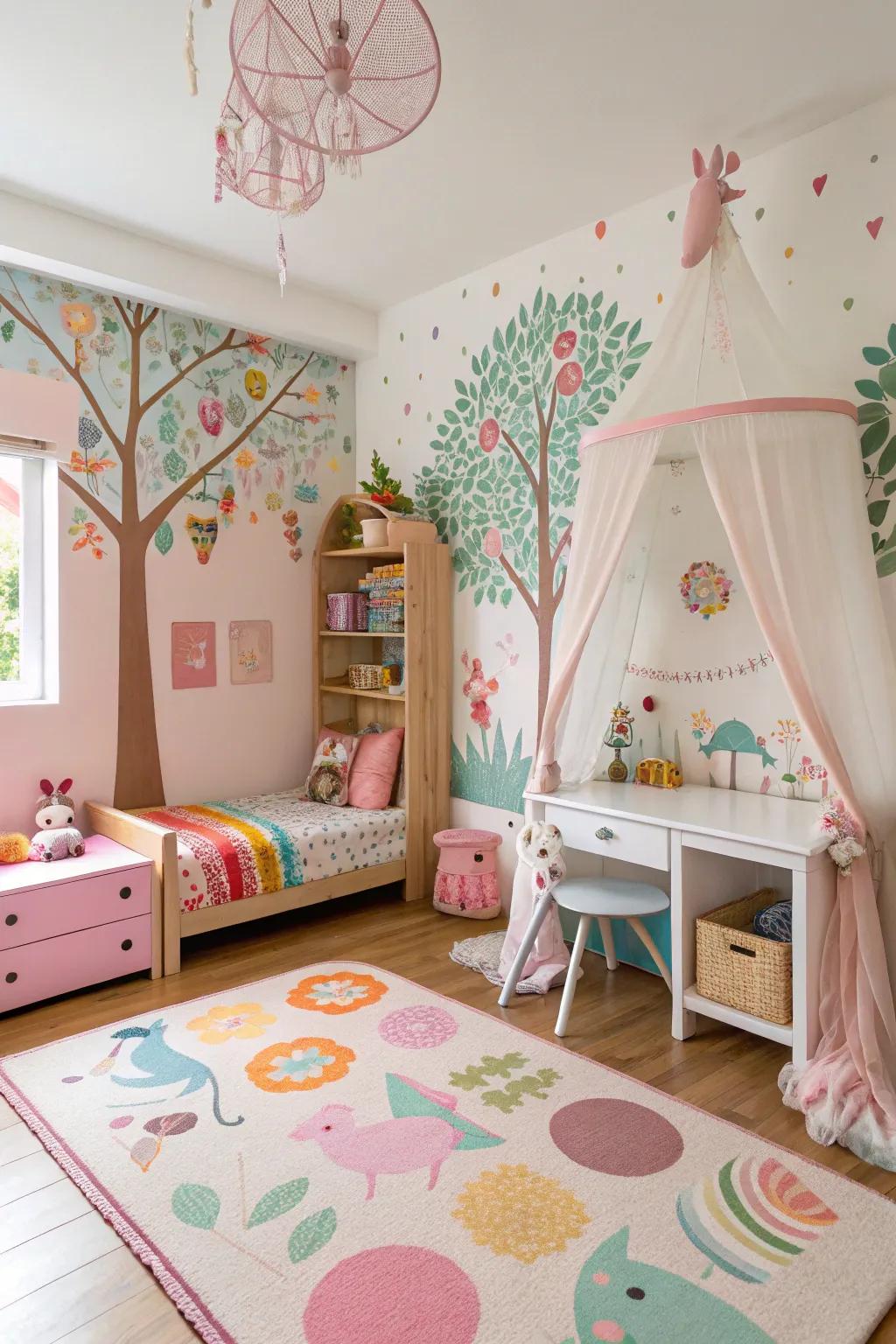 Nature-themed wall decals bring a fresh and lively feel to this girls' room.