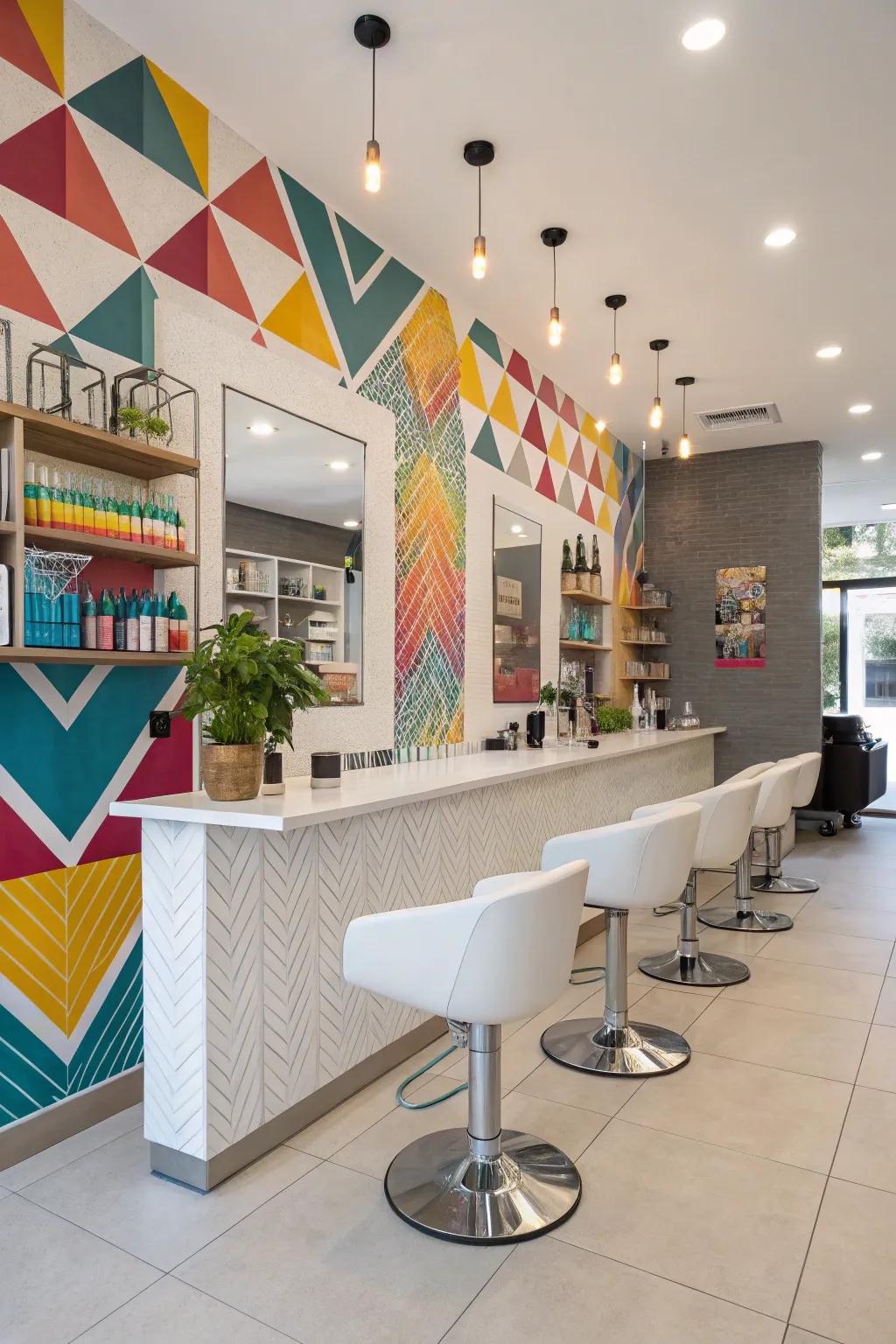 A salon bar with a geometric patterned feature wall, adding artistic flair.