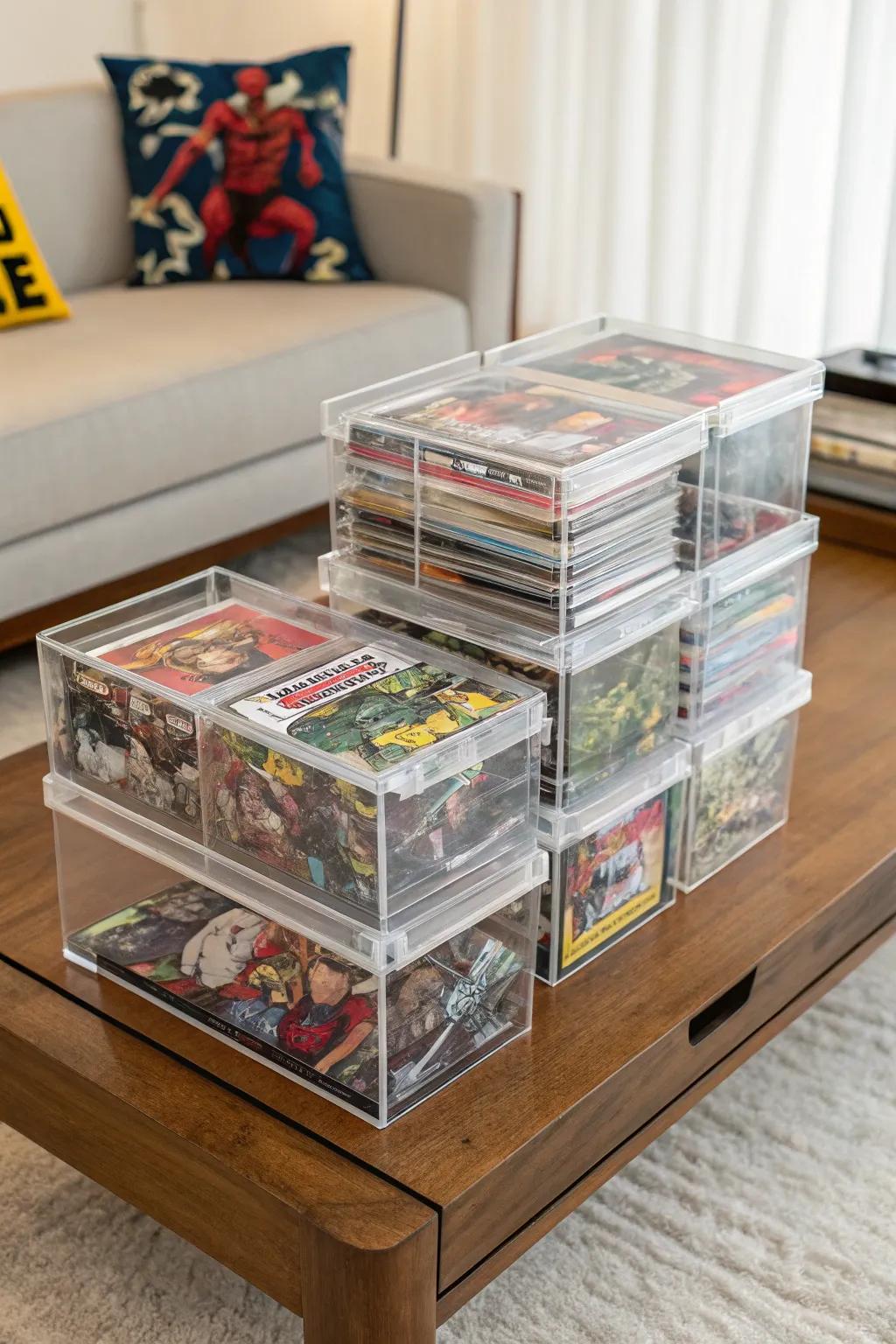 Clear acrylic boxes offer a minimalist and protective storage option.