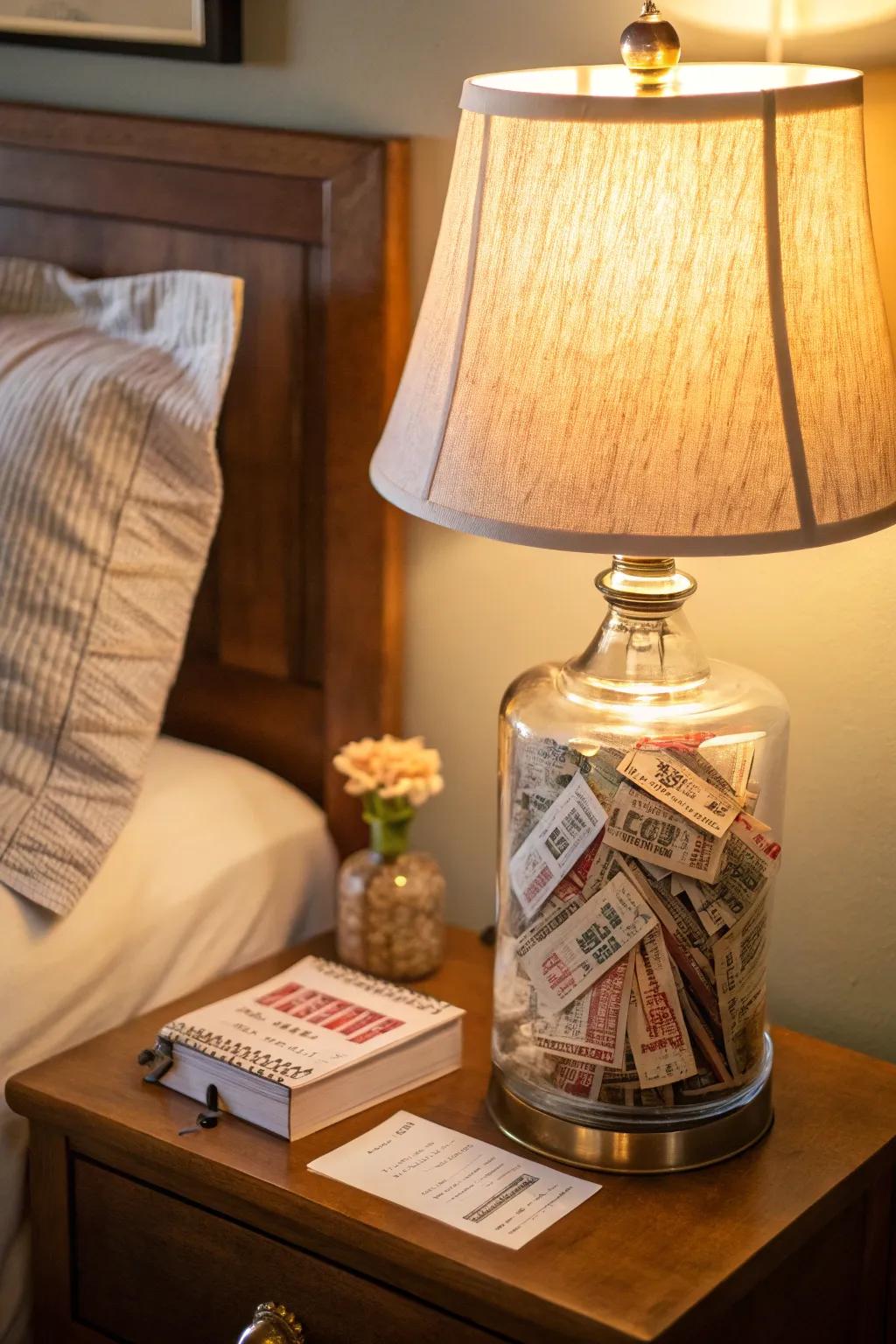 A glass lamp filled with concert tickets.