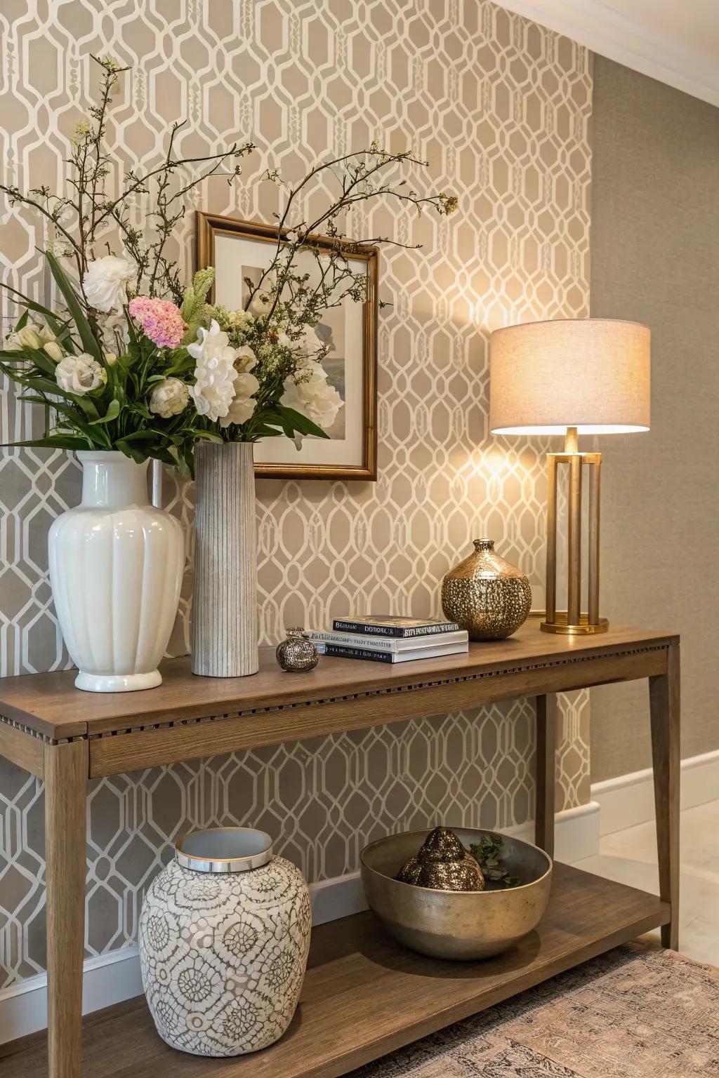 An elegant console table setup with simple decor elements.