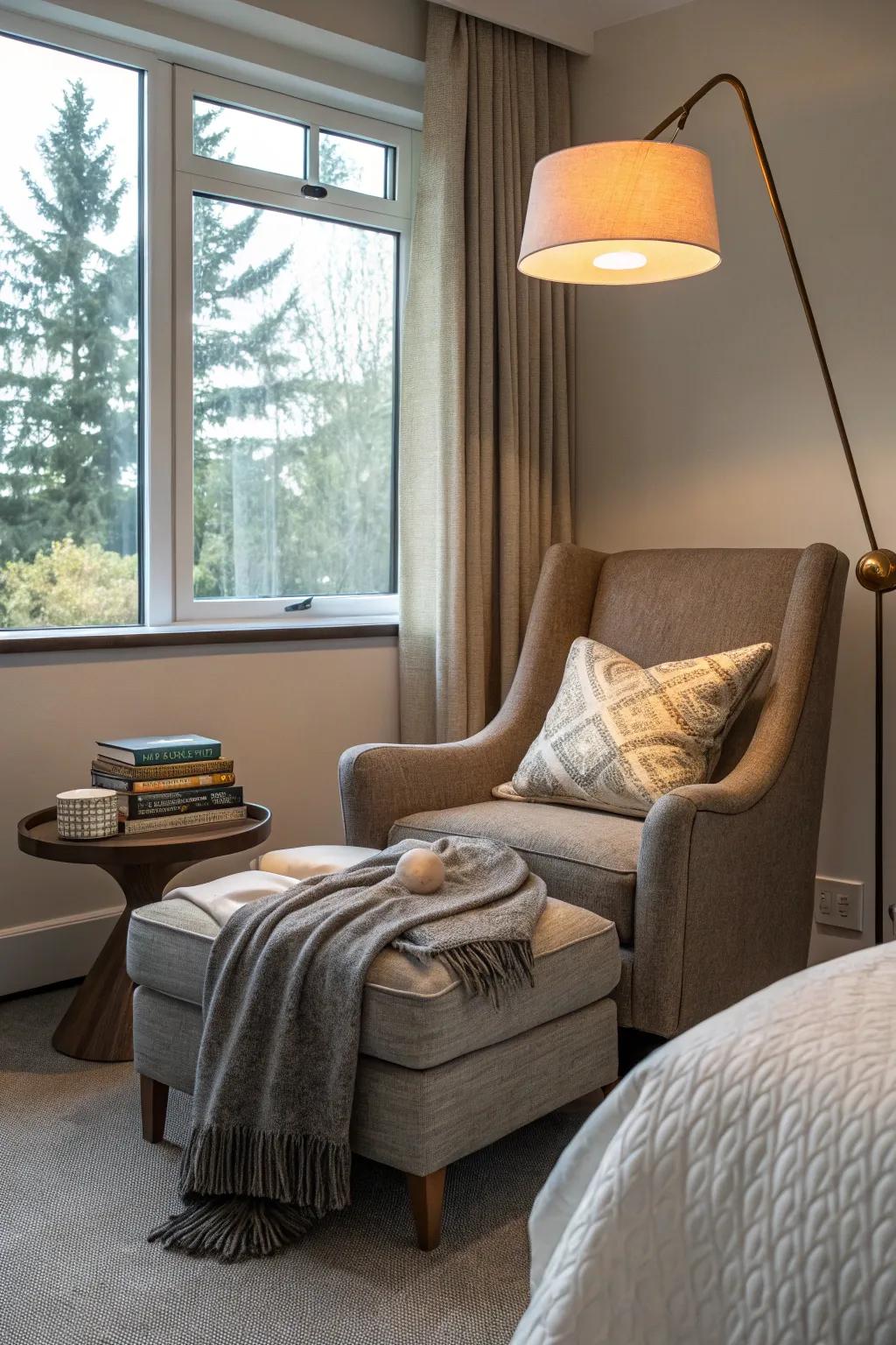 A reading nook offers a cozy retreat within a contemporary bedroom.