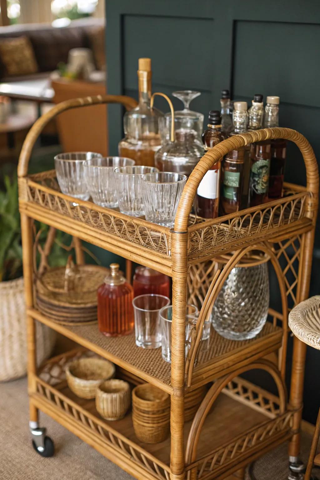 A charming vintage rattan bar cart ready for entertaining.