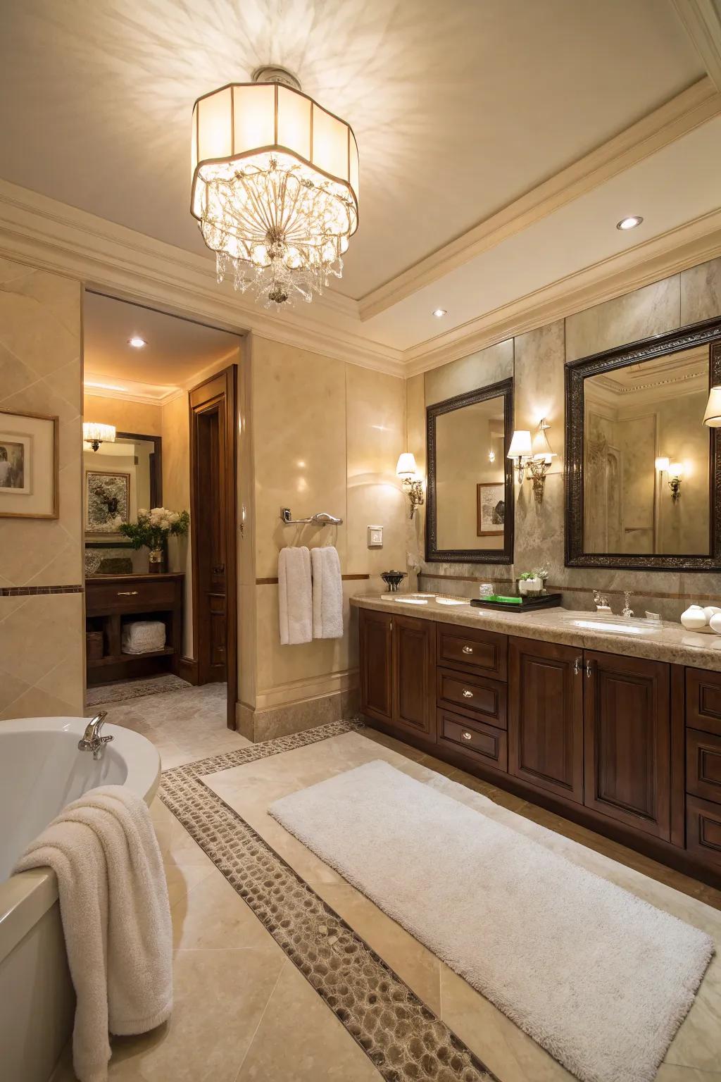 Luxurious details like a soft rug elevate the bathroom's elegance.