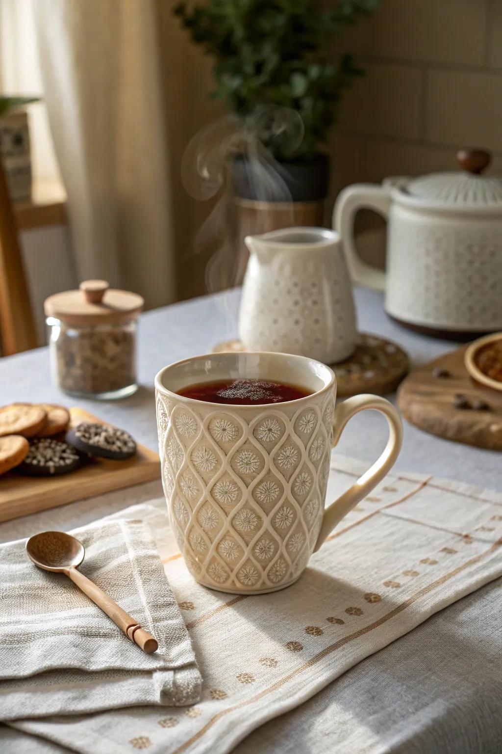 An elegant ceramic mug with a built-in infuser on a cozy kitchen table.