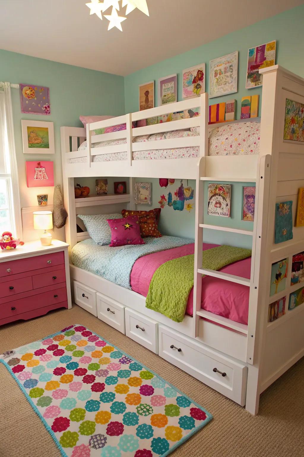 Bunk beds with storage make sleepovers fun and practical.