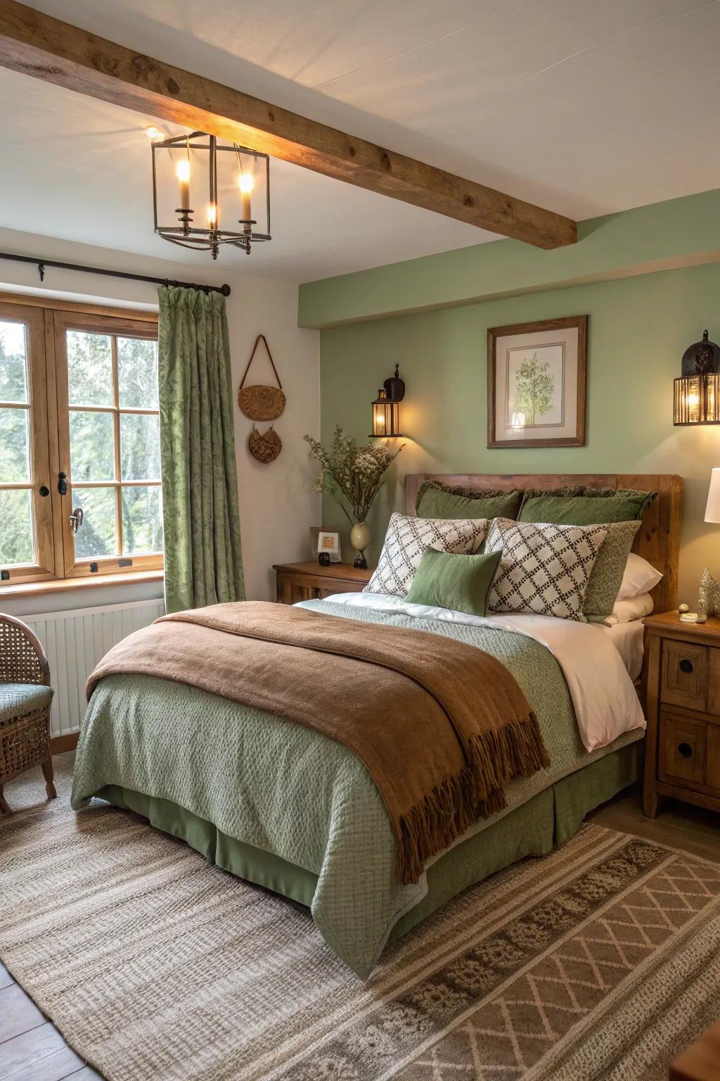 A warm and inviting bedroom with sage green and brown tones.