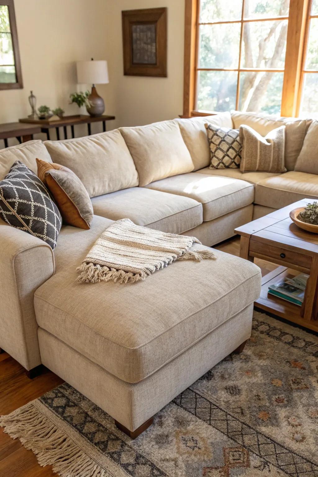 A sectional sofa efficiently uses corner space while providing ample seating.