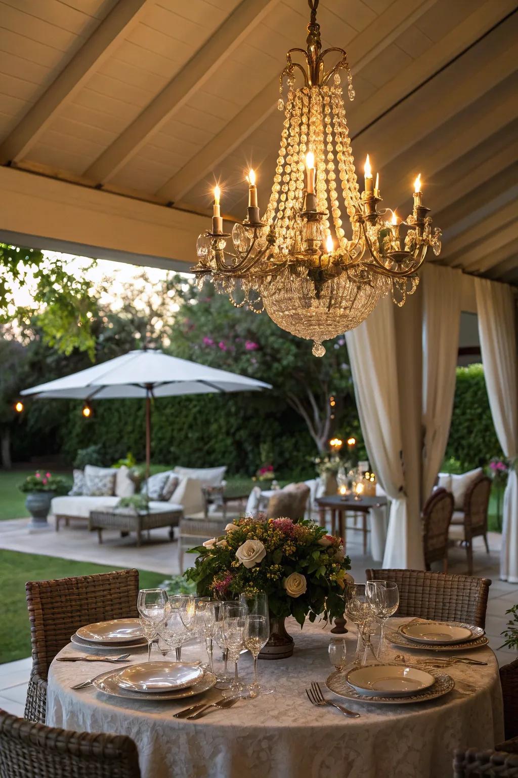 Chandeliers bring a luxurious feel to outdoor dining areas.