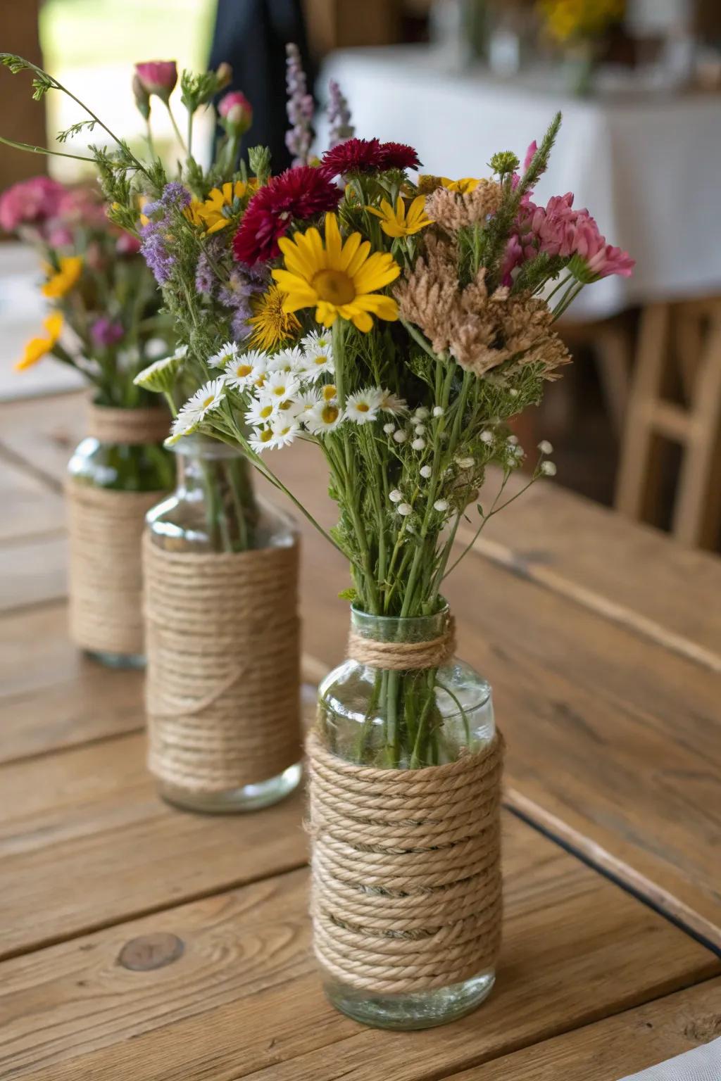 Jute rope adds rustic texture to simple glass vases.