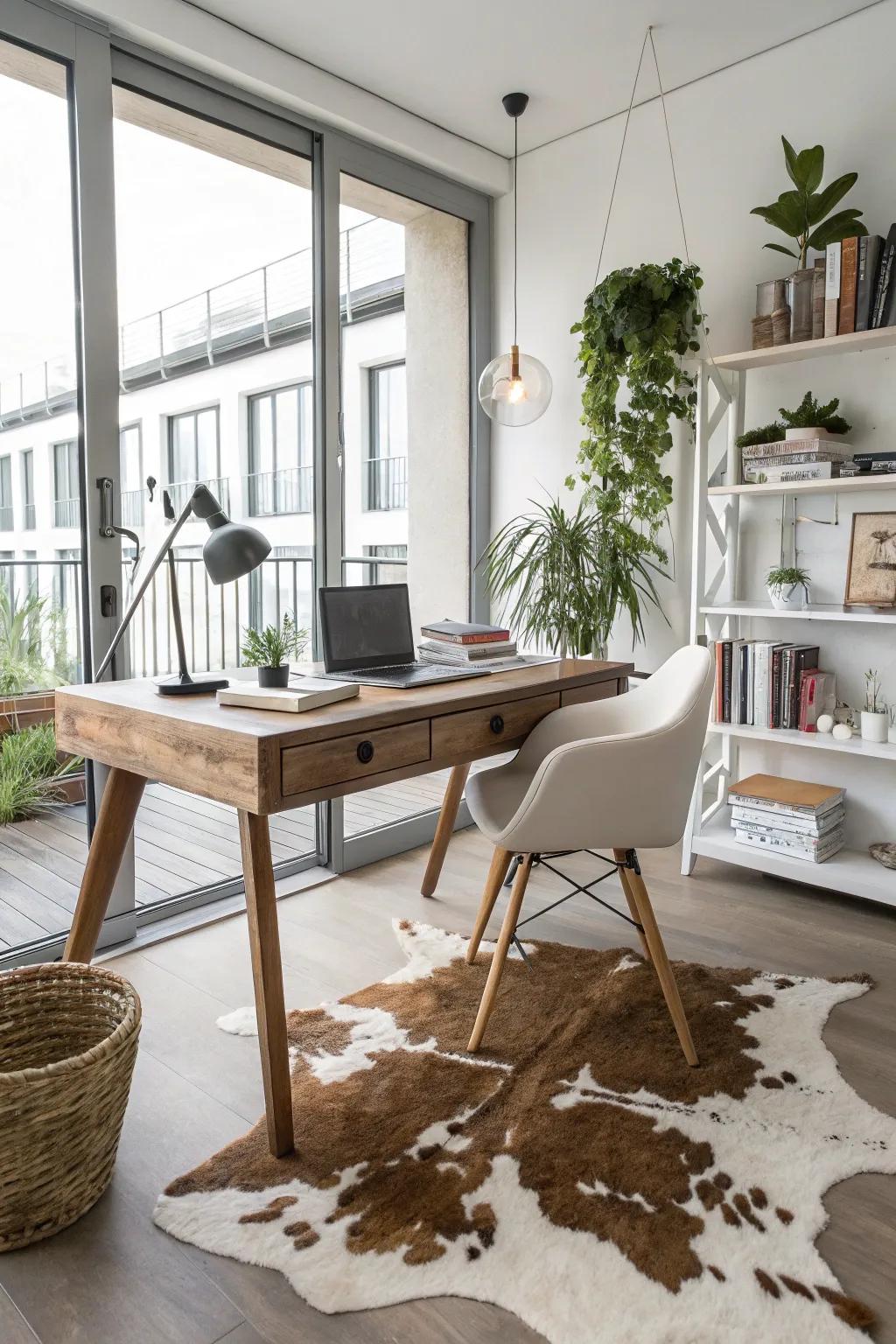 A cowhide rug adds warmth and inspiration to your home office.