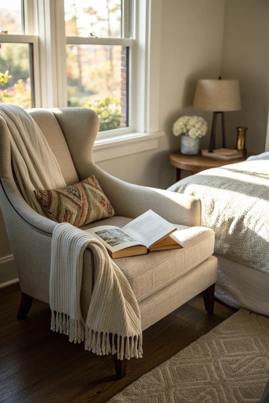 A reading nook adds a personal retreat within your bedroom.