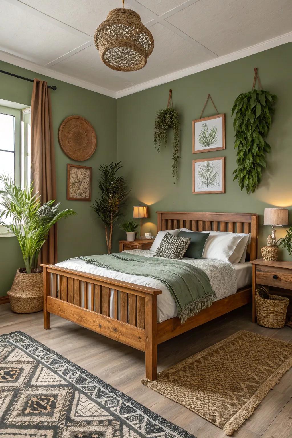 Natural wood tones enhance the earthy feel of an olive green bedroom.