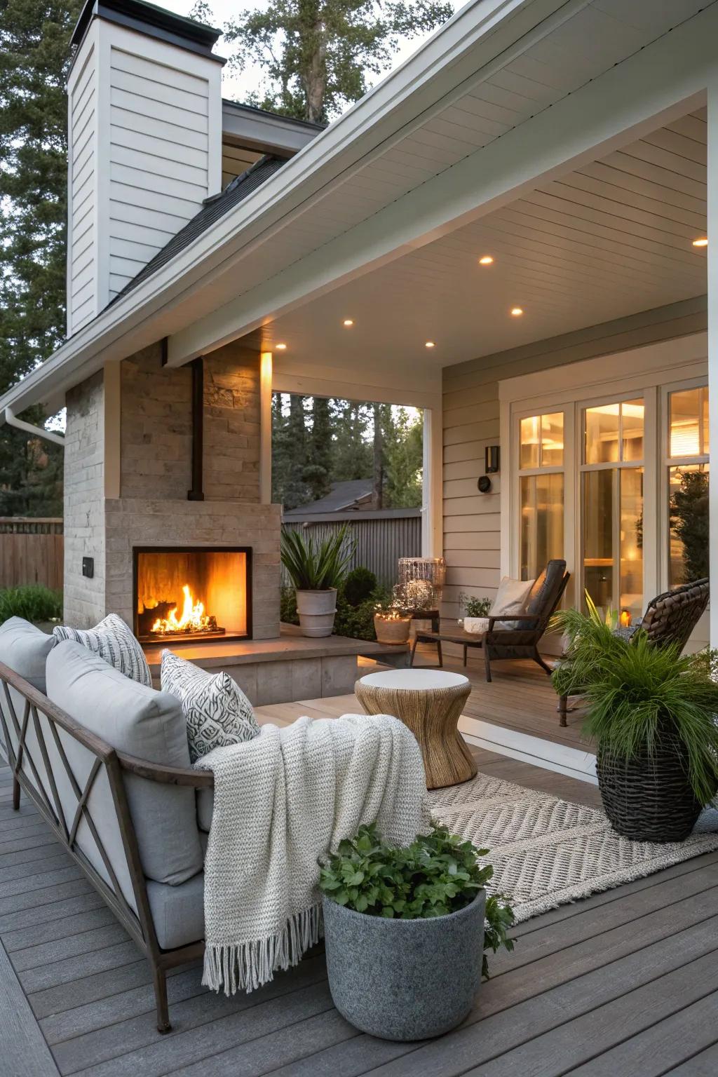 A fire feature adds warmth and becomes a focal point on a porch.