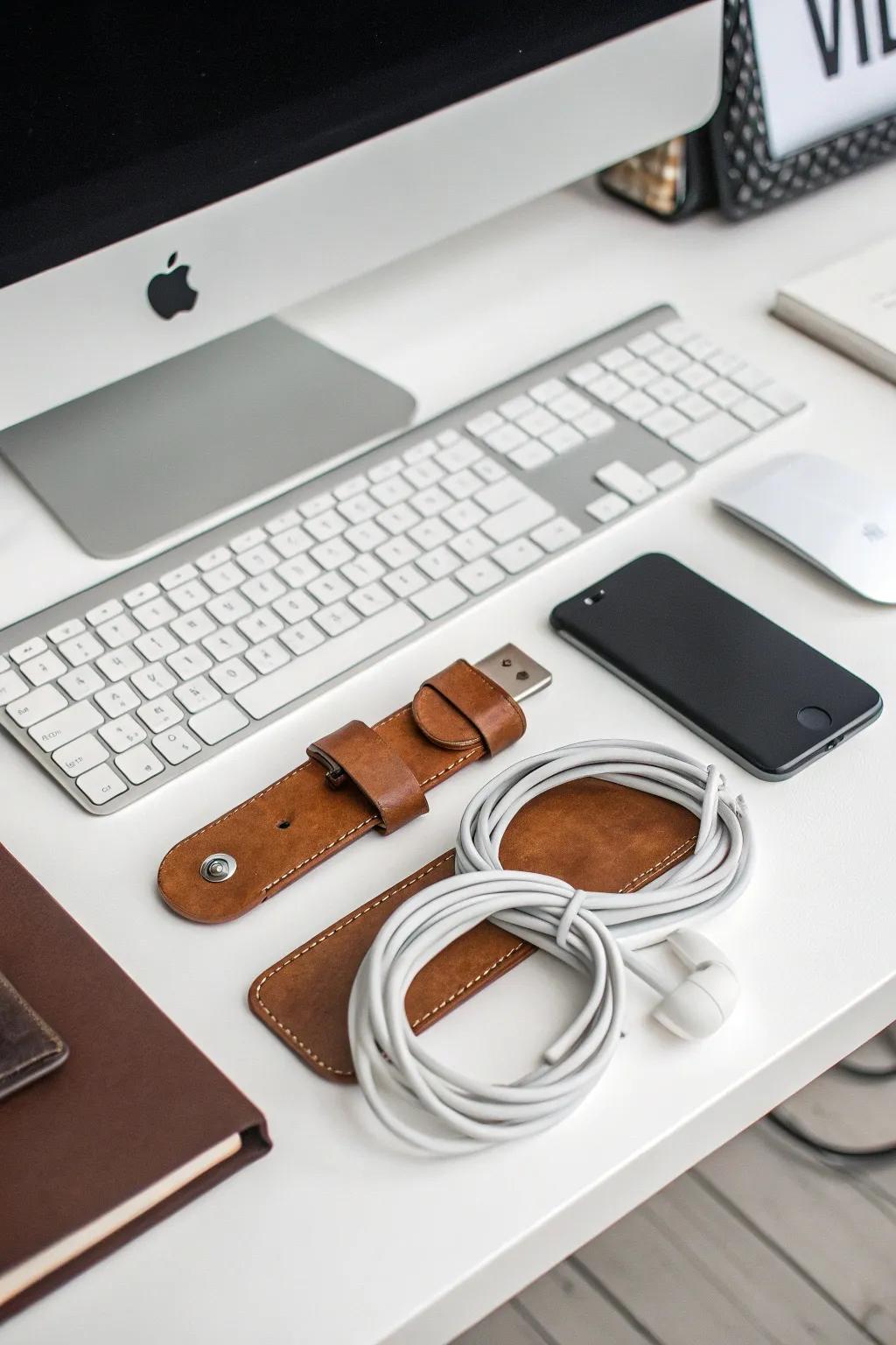 A tidy and stylish workspace featuring a DIY leather cord keeper.