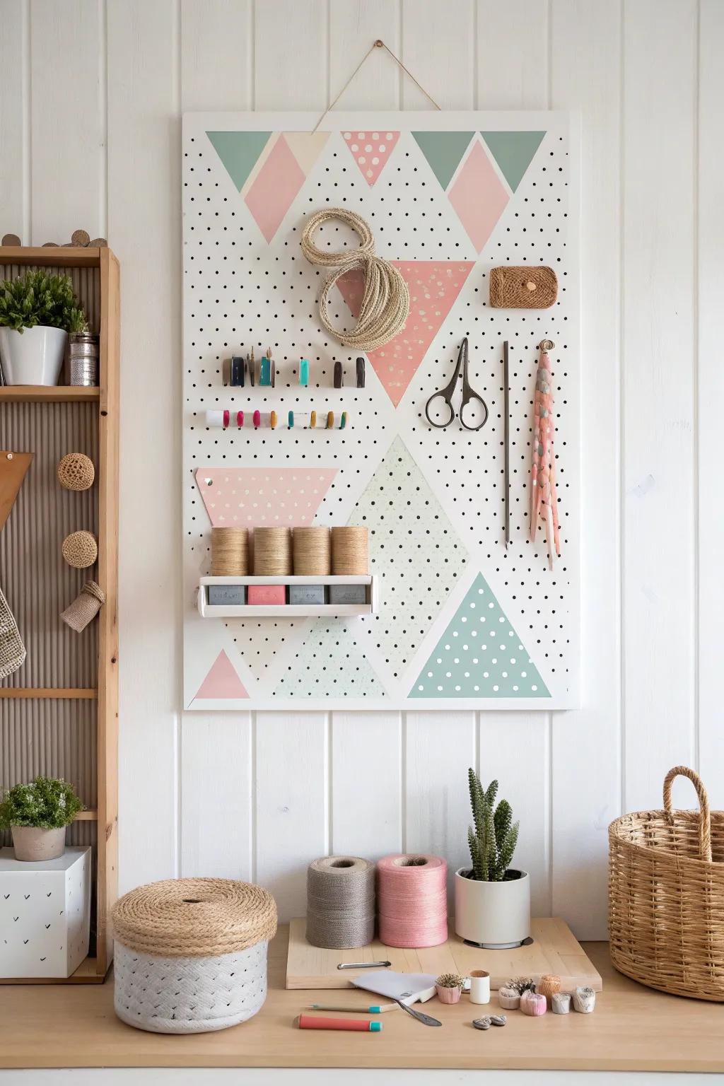 Transform your craft nook with a stunning geometric pegboard design that blends Scandinavian simplicity with Boho charm.