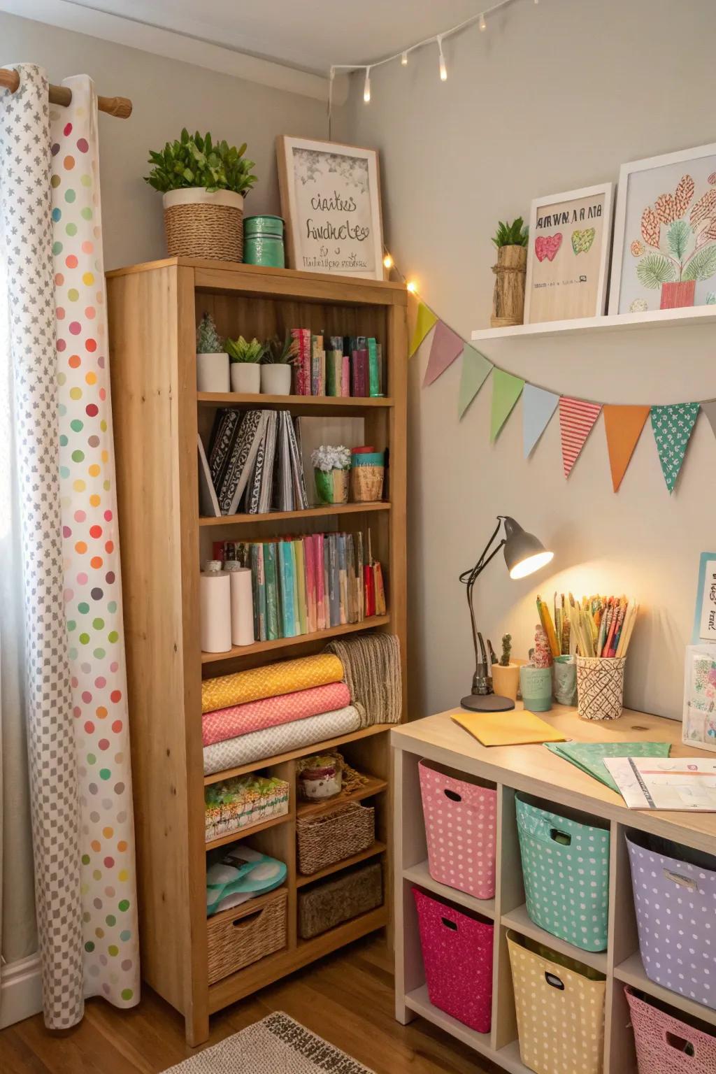 A bookshelf offers plenty of storage for crafting materials.