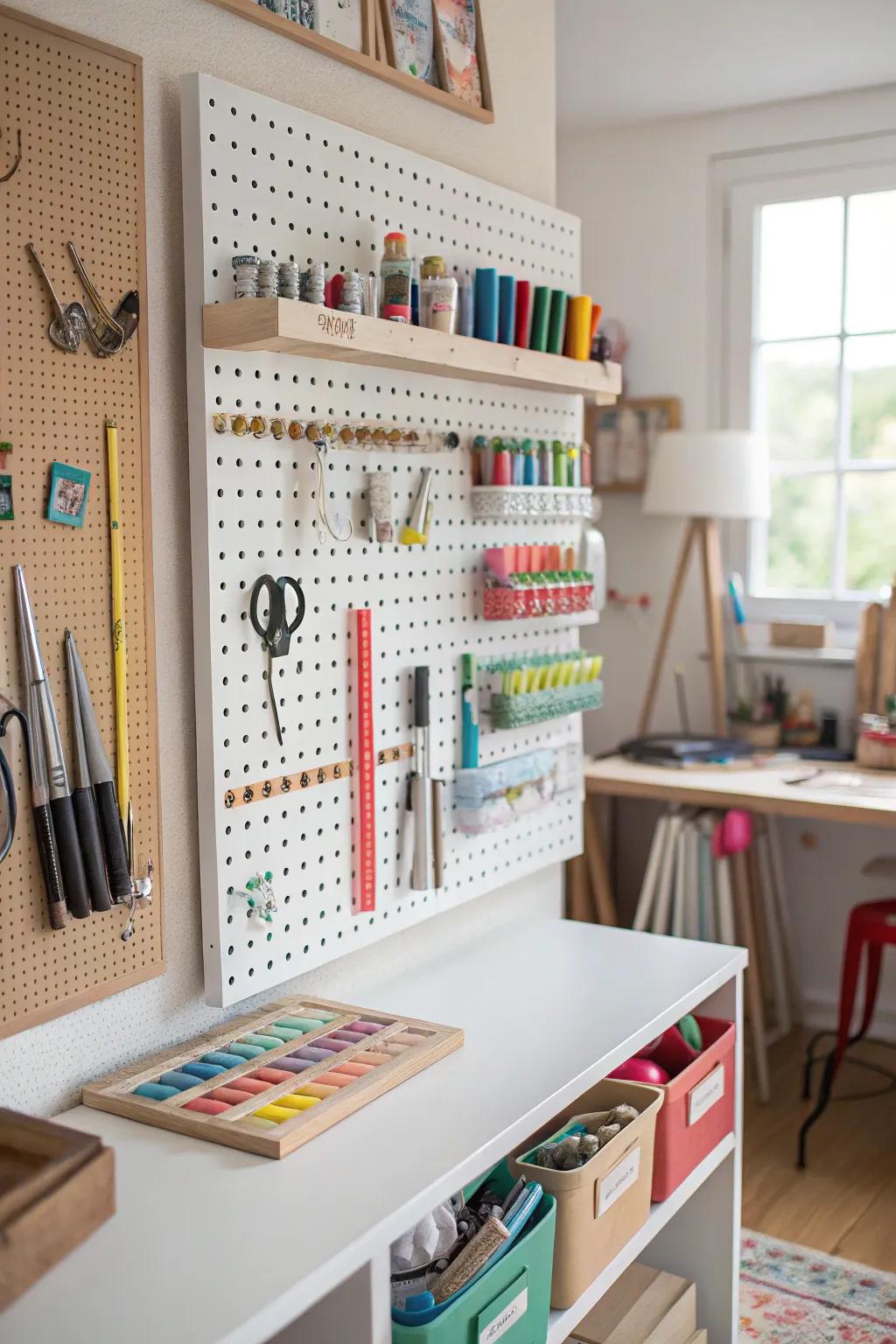 Pegboard shelving offers customizable storage for craft tools.