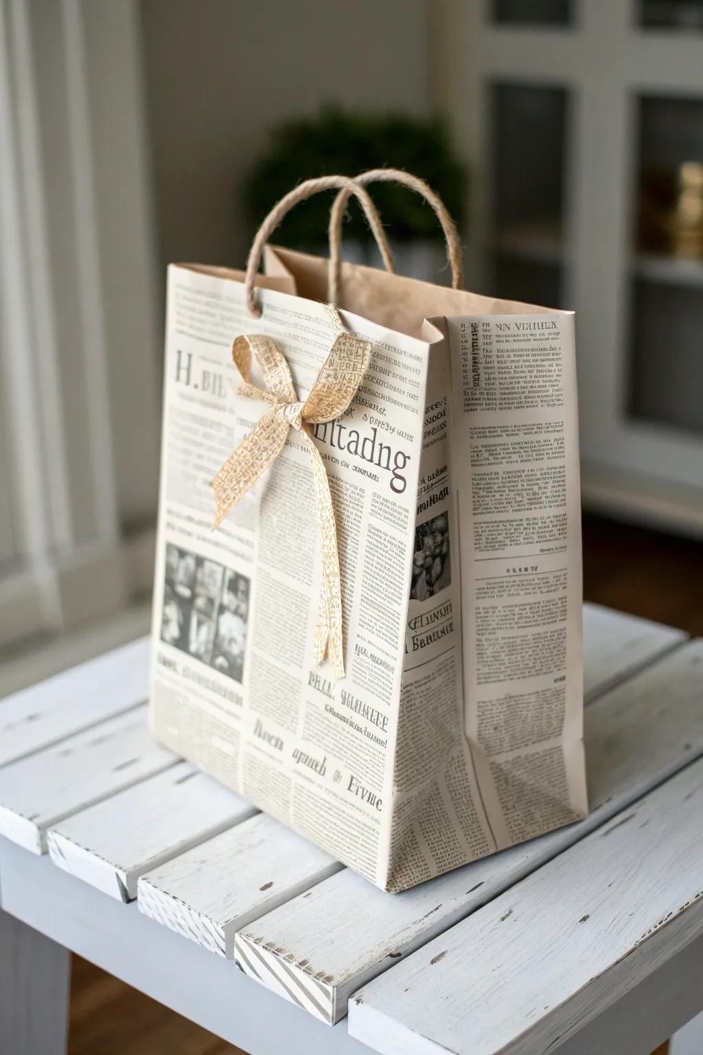 Transform old newspapers into chic gift bags with a touch of boho charm.