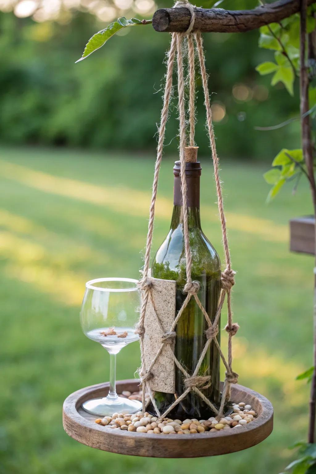 Invite nature to your doorstep with this elegant glass bottle bird feeder.